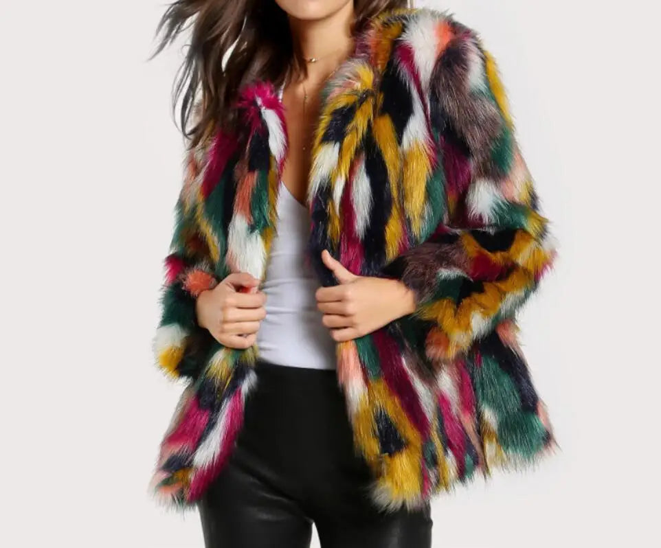 Multi-Color Faux Fur Coat - Women's Winter Jacket