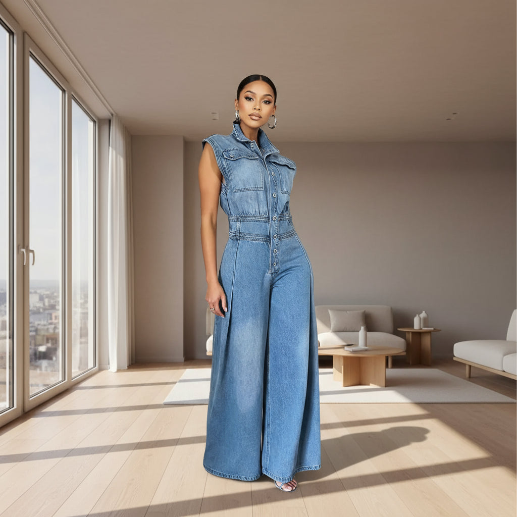 Woman wearing sleeveless blue denim wide leg jumpsuit - front view