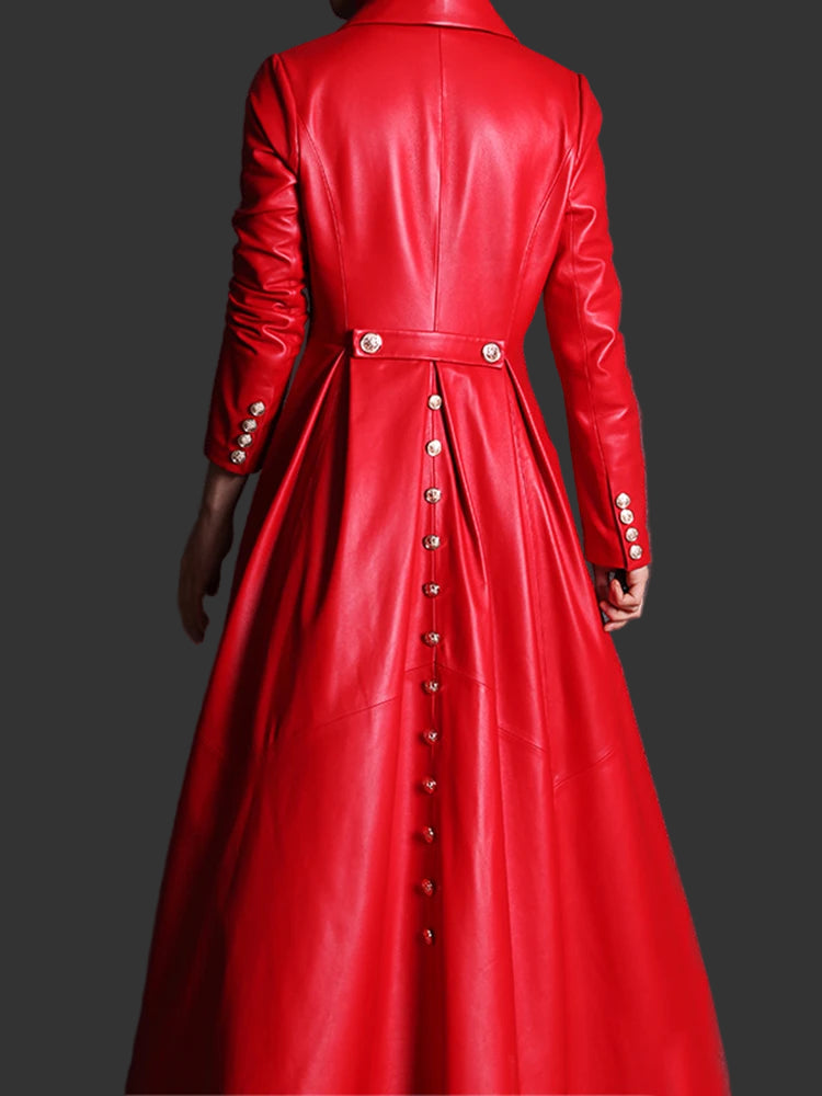 Red leather coat with buttons.