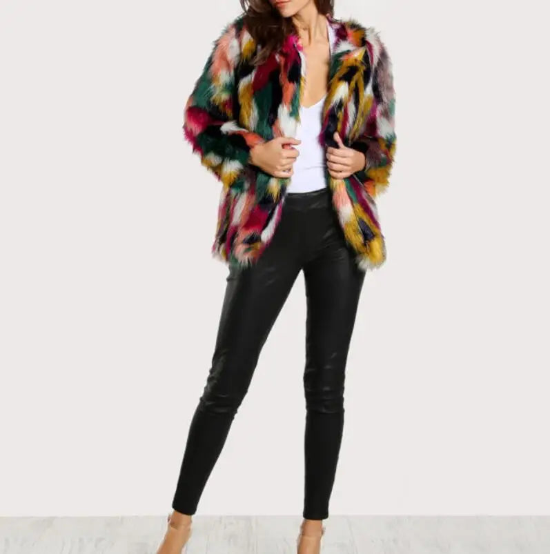 Multi-Color Faux Fur Coat - Women's Winter Jacket