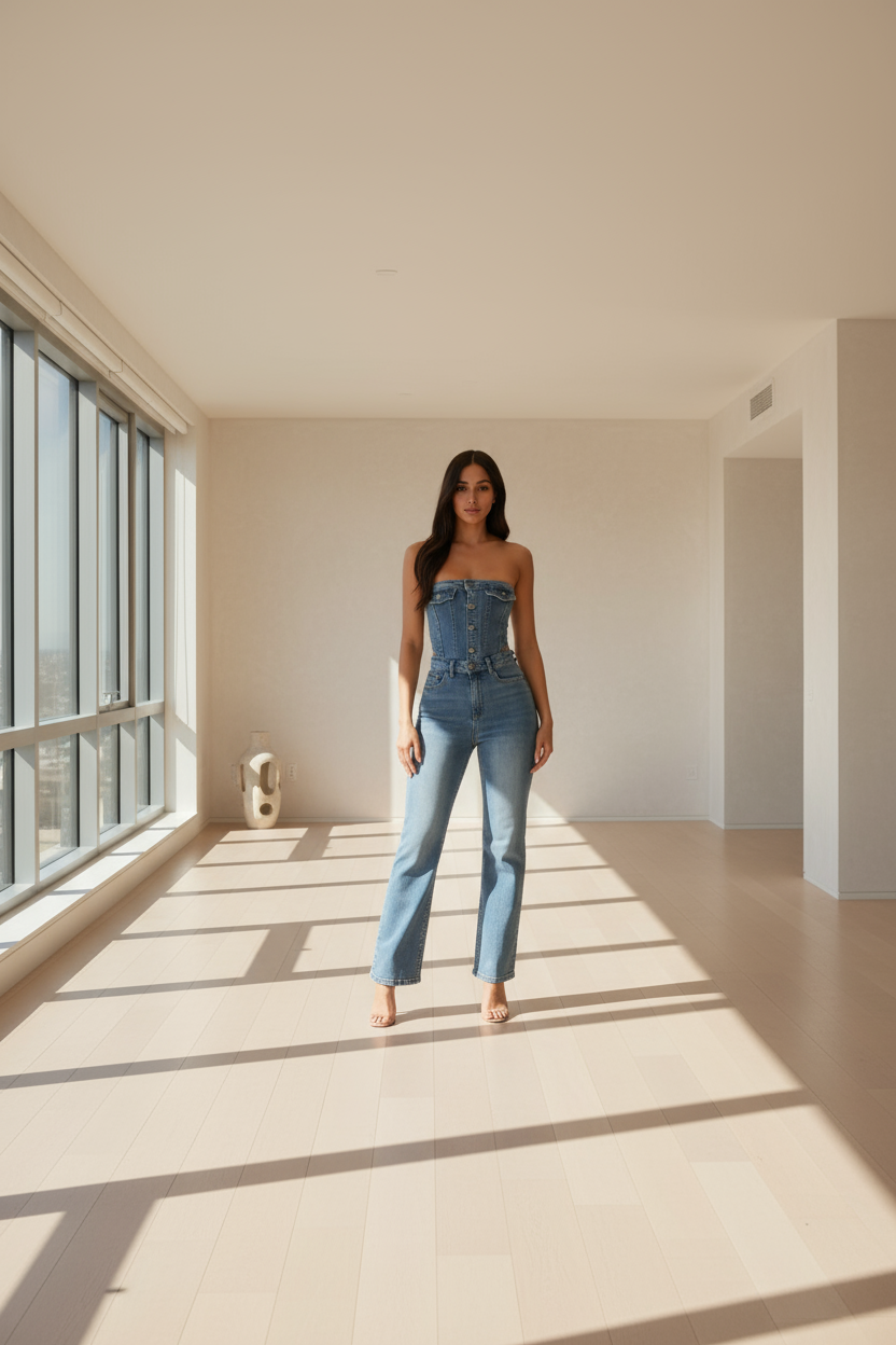 Blue denim off-shoulder jumpsuit with high waist and wide leg pants