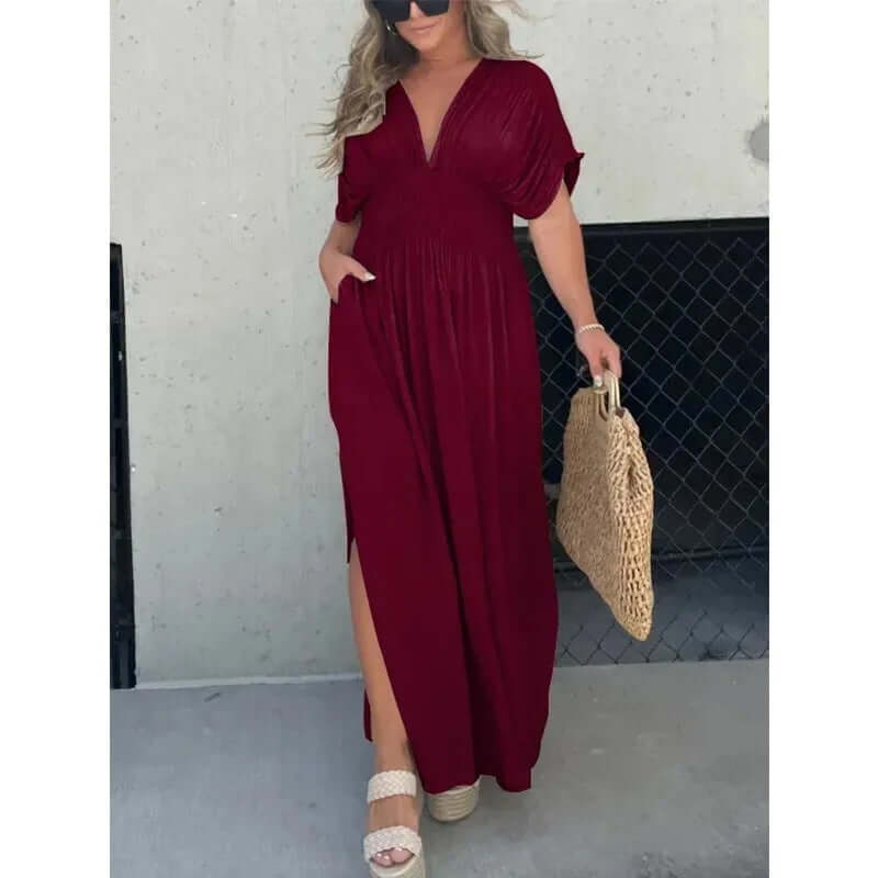 Summer Bat-Sleeved V-Neck Slit Dress