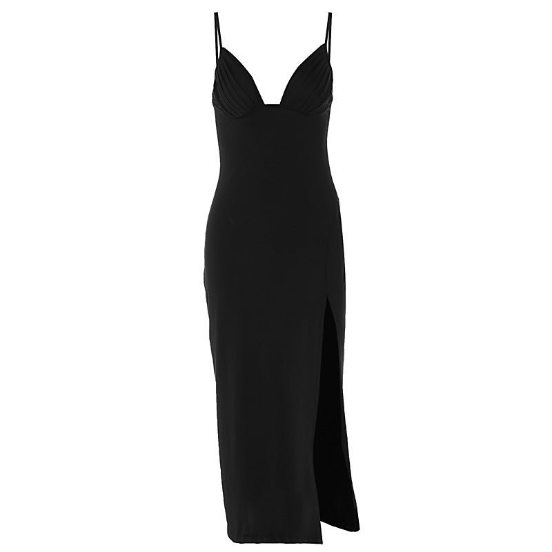 Graceful Pleated V-neck Sling Dress for Women: Fashion Forward Elegance - HalleBeauty