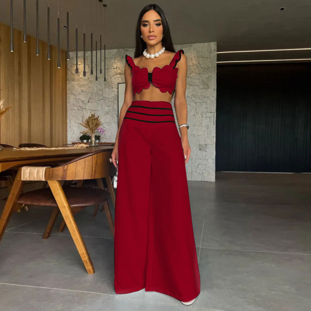 Fashion Red Wide-leg Trousers Women's Suit