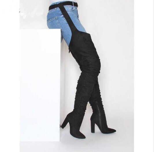 Elegant Suede Chunky Heel Over-The-Knee Boots for Women - European and American Style