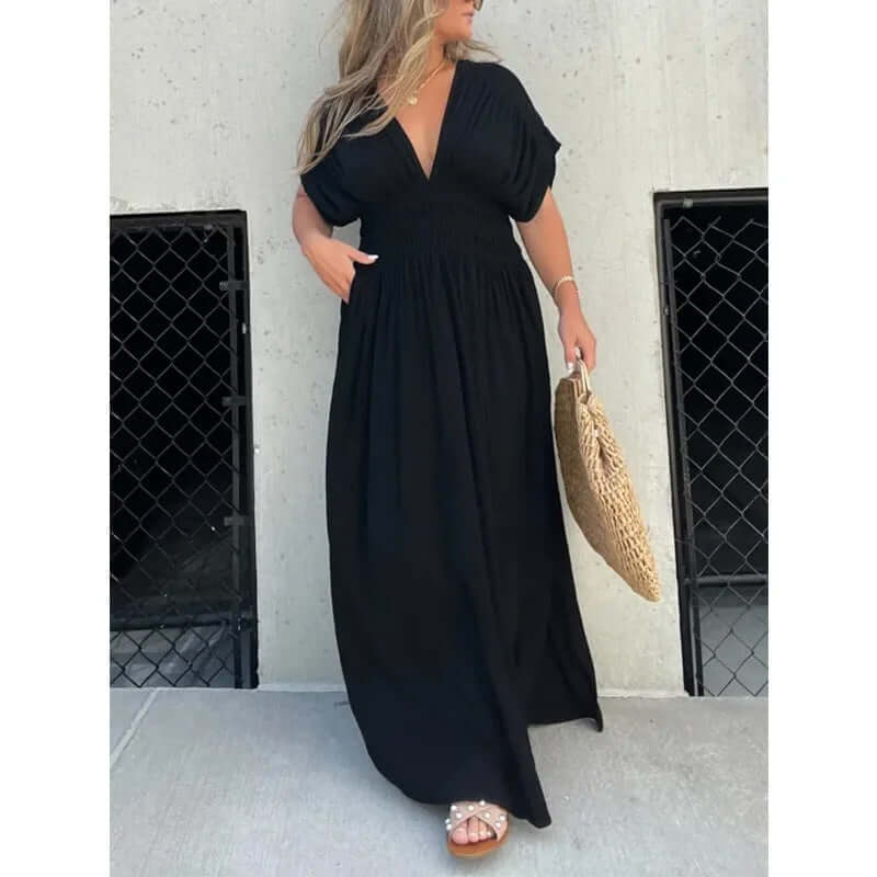 Summer Bat-Sleeved V-Neck Slit Dress