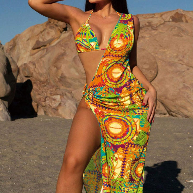 One-Shoulder Printed Beach Dress & Swimsuit Set-Hallebeauty