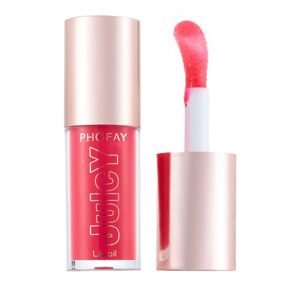 PHOFAY Juicy Lip Oil in bright pink packaging with applicator, providing hydration and a glossy finish for lips.