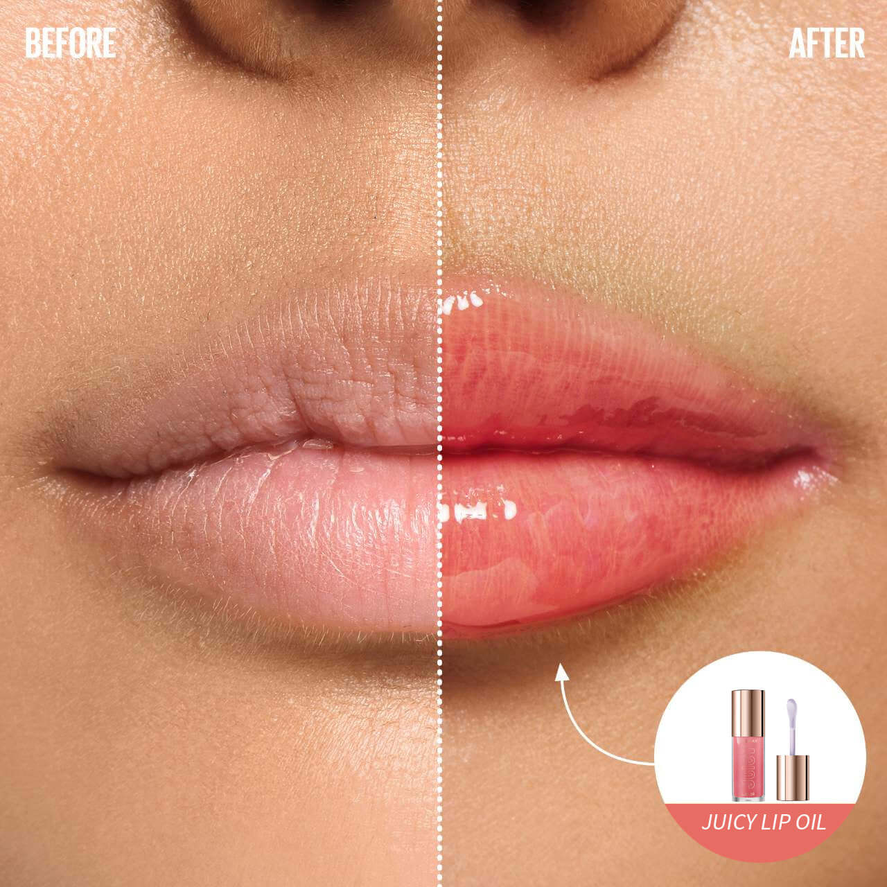 Before and after image of lips enhanced with PHOFAY Juicy Lip Oil, showcasing hydration and glossy finish.