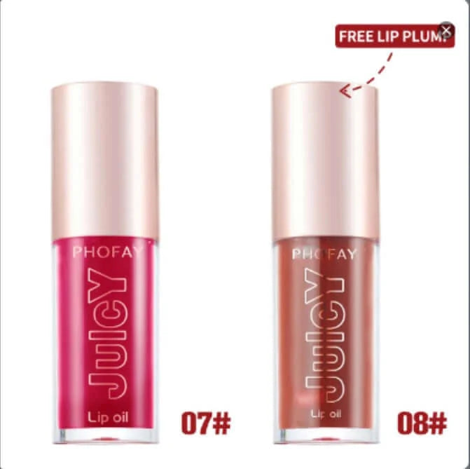 PHOFAY Juicy Lip Oil in shades 07# and 08#, showcasing vibrant pink and rich brown hues, with free lip plump offer.