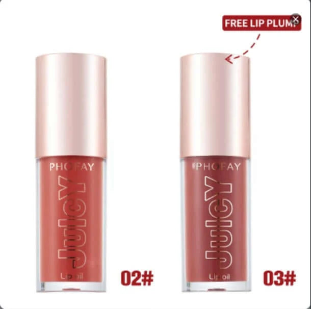 PHOFAY Juicy Lip Oil shades 02 and 03 displayed with a promotional label for a free lip plump.