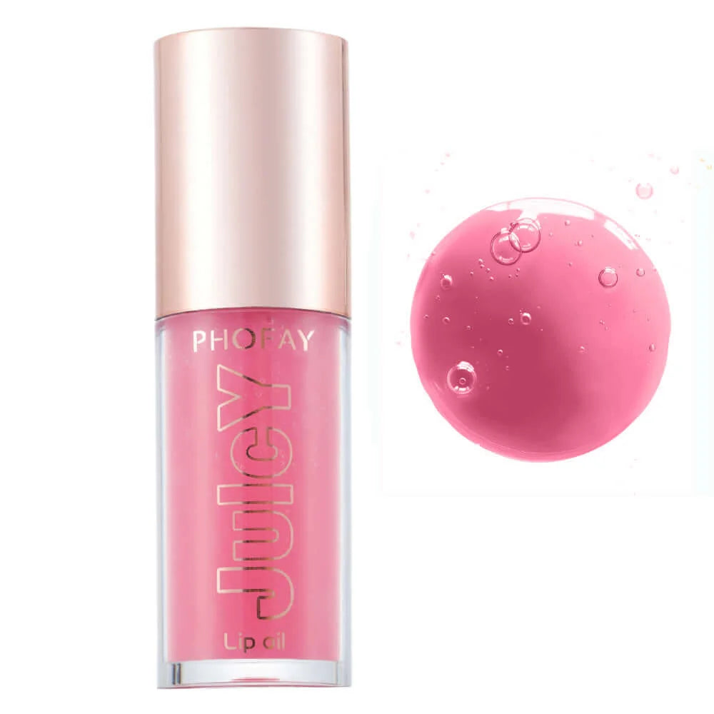PHOFAY Juicy Lip Oil bottle with pink liquid splatter, offering hydration and glossy finish for healthy lips.