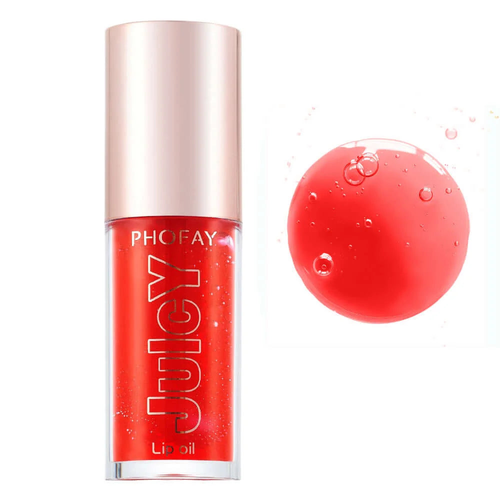 PHOFAY Juicy Lip Oil in a vibrant red packaging with a glossy droplet beside it, showcasing hydration and shine.