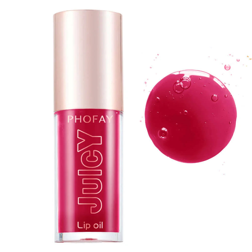 PHOFAY Juicy Lip Oil bottle with glossy pink liquid, providing hydration and shine for healthy, radiant lips.