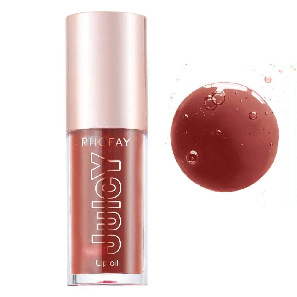 PHOFAY Juicy Lip Oil in a sleek bottle next to a sample droplet, showcasing its glossy, hydrating formula.