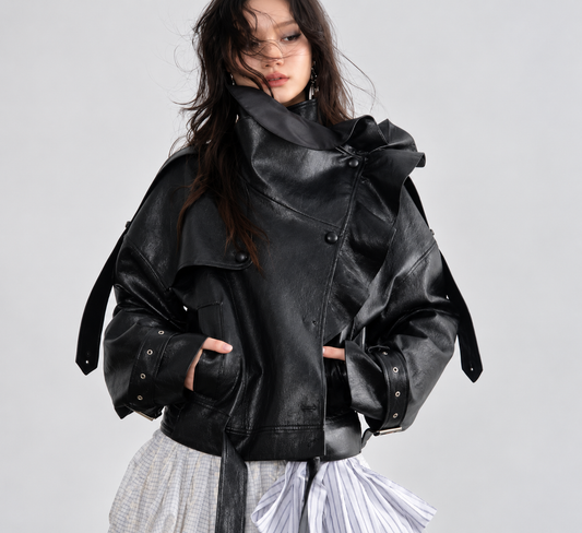 Women's PU Faux Leather Ruffle Collar Jacket | Hallebeauty