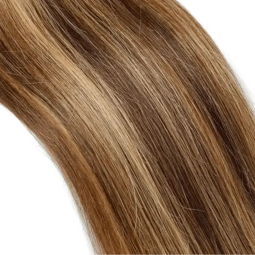 Remy Straight Invisible Tape-In Hair Extensions, showcasing smooth, natural-looking brown hair texture.