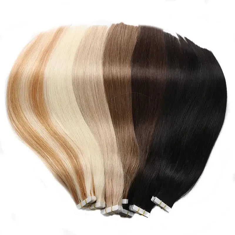 Various shades of Remy Straight Invisible Tape-In Hair Extensions on display.