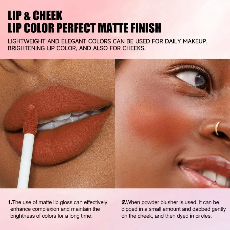 Lipstick application on lips and blush on cheeks with text about lip and cheek color.