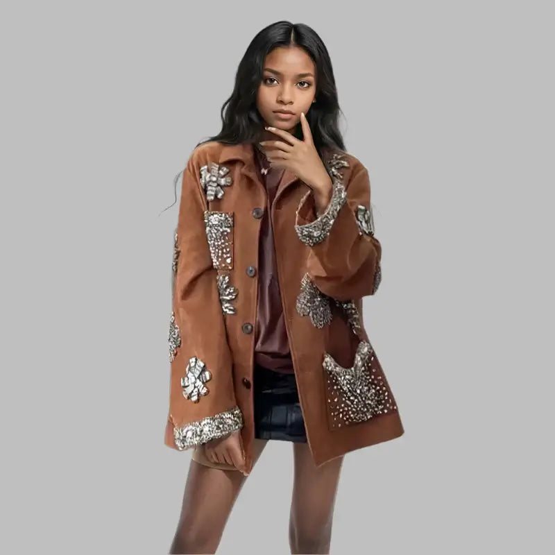 Women's Rivet Flower Loose Casual Jacket with floral accents and rivet details, featuring a relaxed fit and long sleeves.