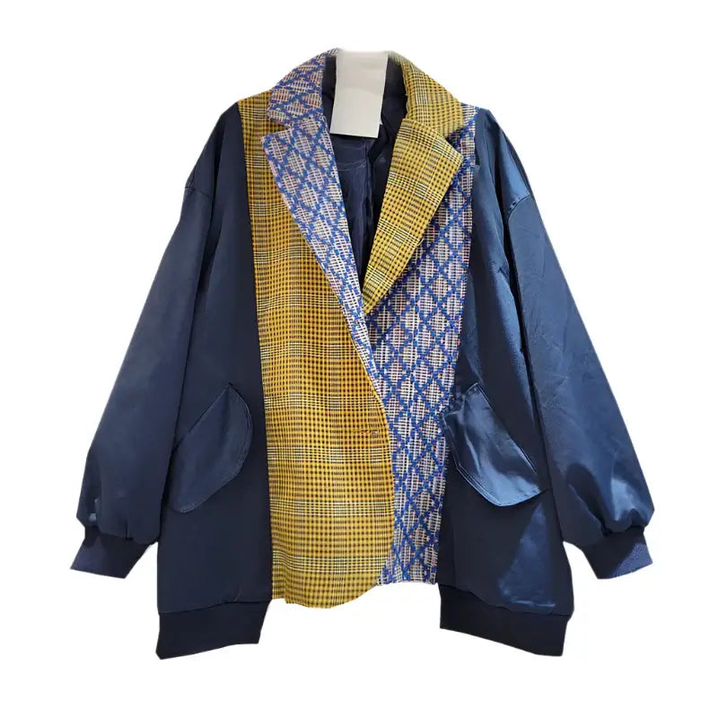 Women’s color-block blazer in navy and yellow, featuring a trendy loose fit and stylish design.