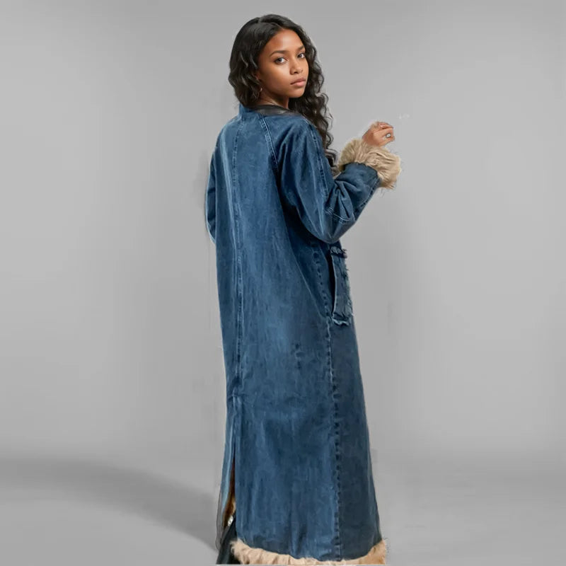 Women's Warm Denim Long Coat with Plush Trim & Belt