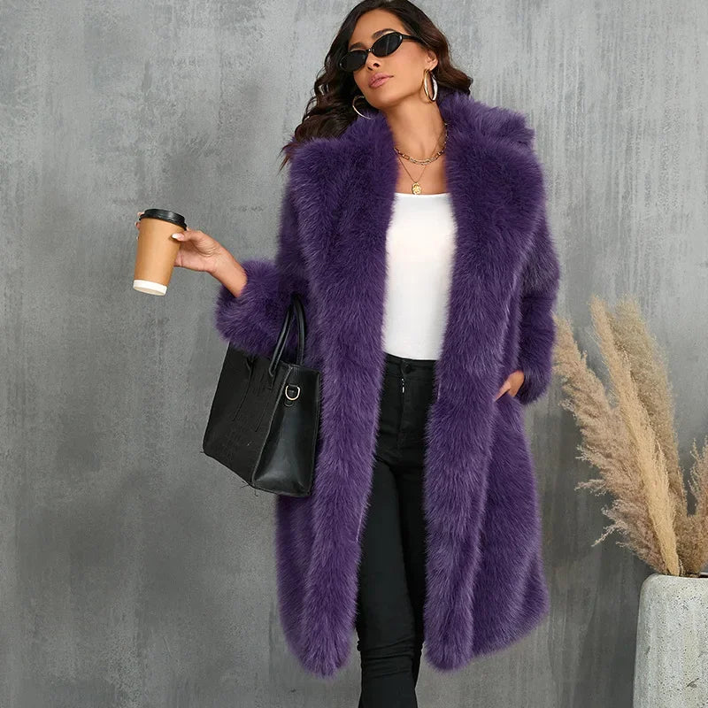 Woman wearing a purple fur coat .