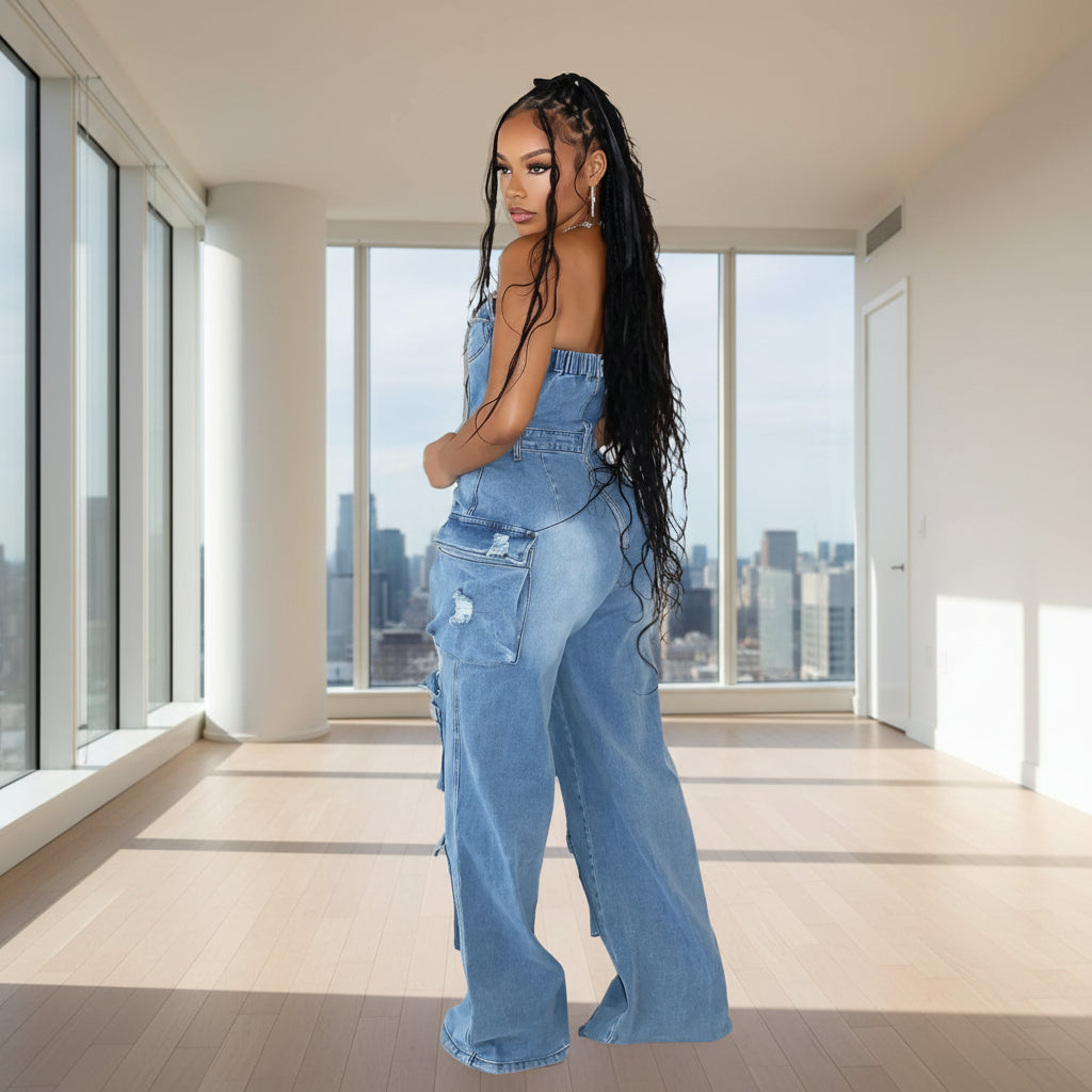 Stylish Casual Denim Jumpsuit with Pocket Women Overalls