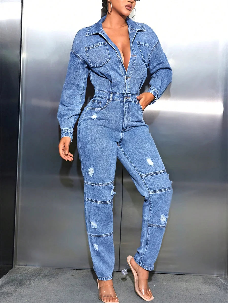 Person wearing a blue denim jumpsuit 