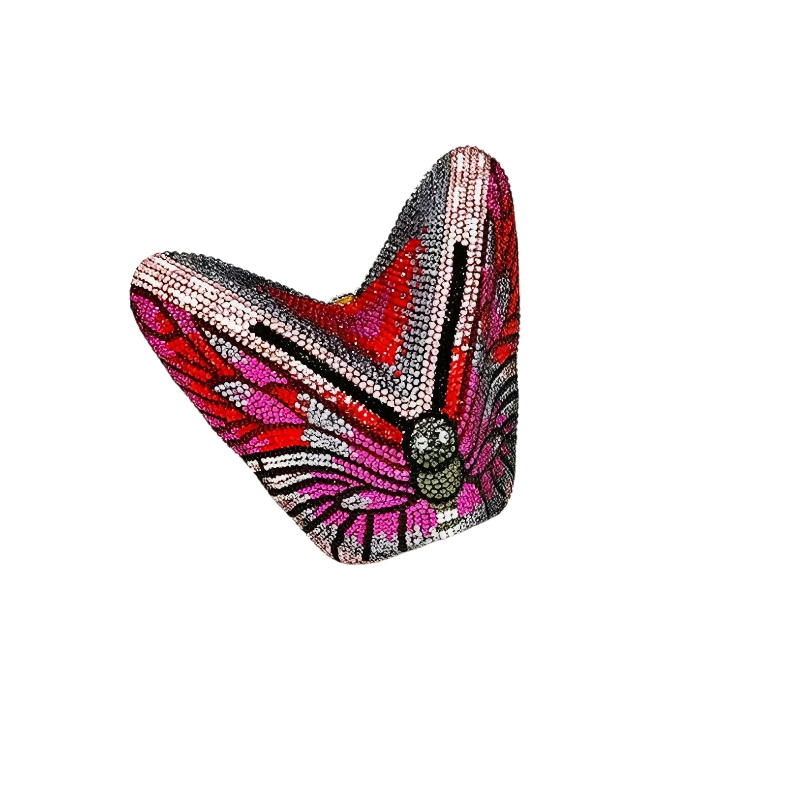 Heart-shaped clutch bag with butterfly design and rhinestone.
