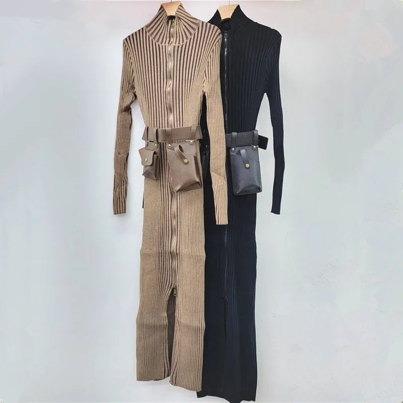 Women's Striped Knit Long Dress – Stand Collar & Belted Bag Detail