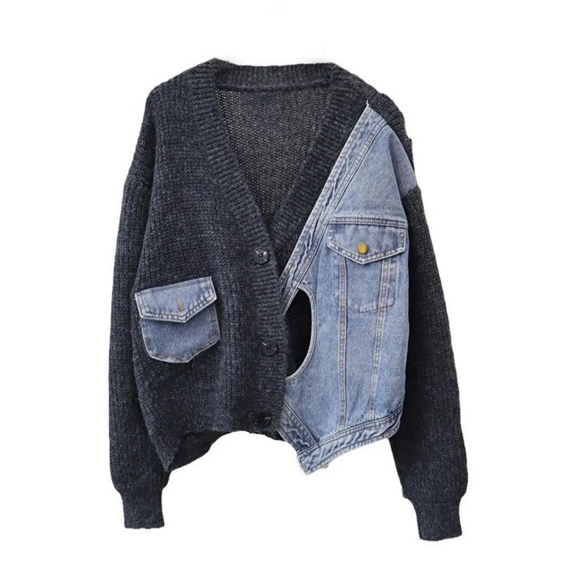 Women’s Patchwork Denim Knitted Cardigan – V-Neck Long Sleeve Sweater