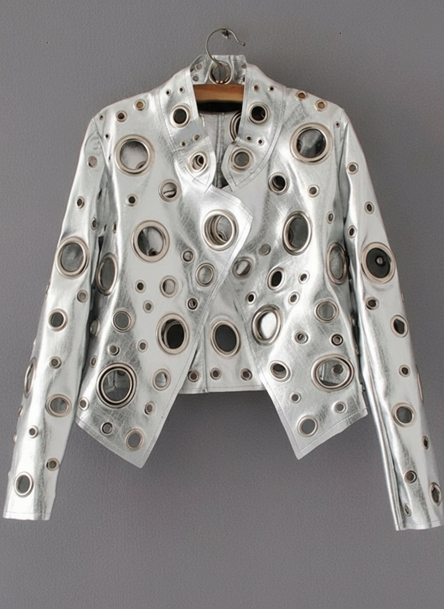 Cut Out Faux Leather Jacket Golden Rivet Stylish