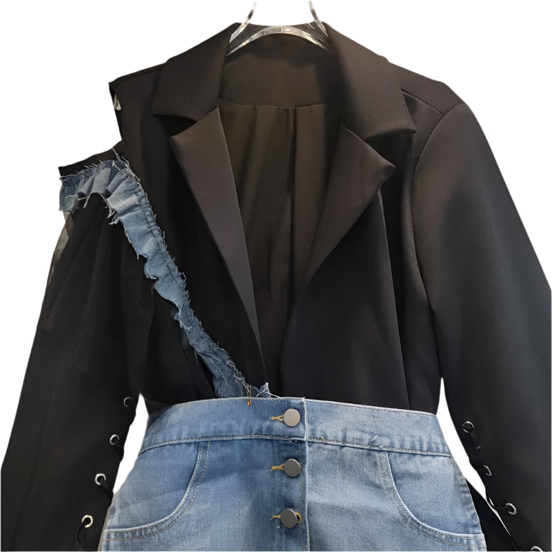 Women’s Color-Block Blazer – High-Spliced Hollow-Out Design