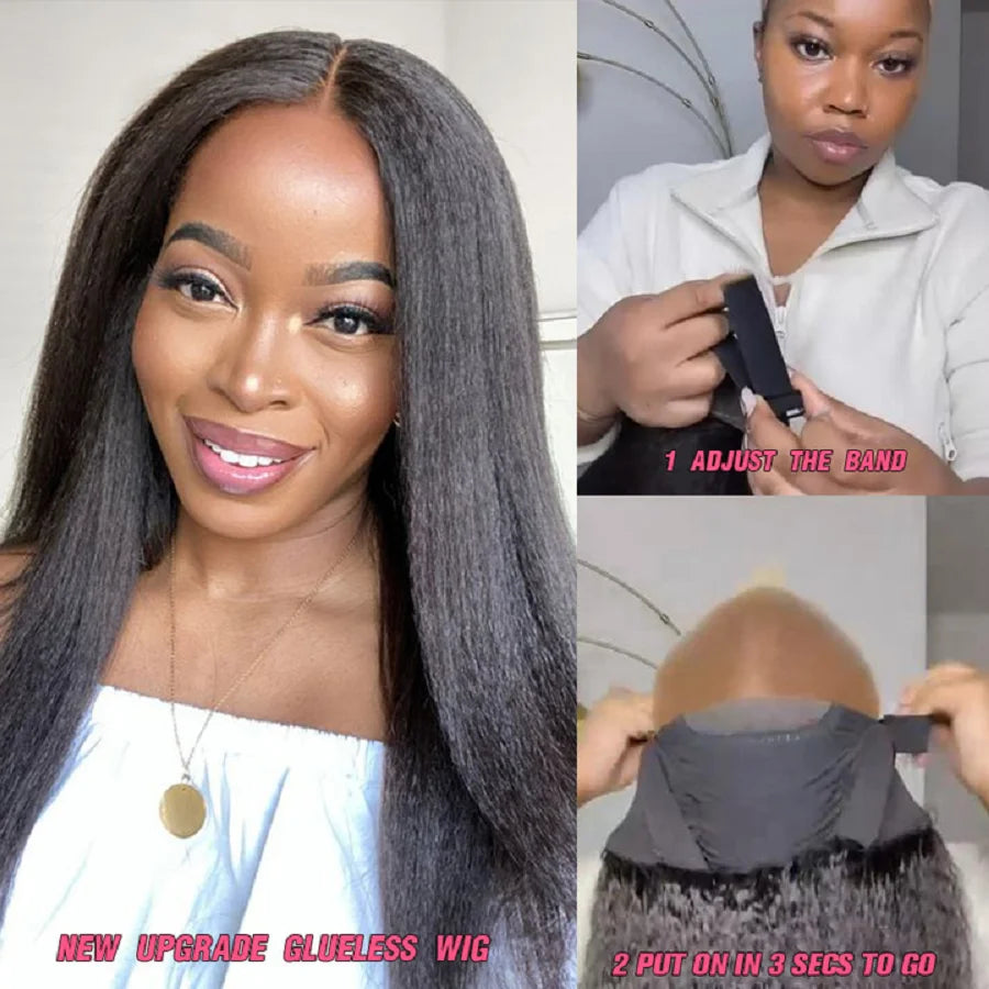 Woman with a wig and instructions on how to put it on.