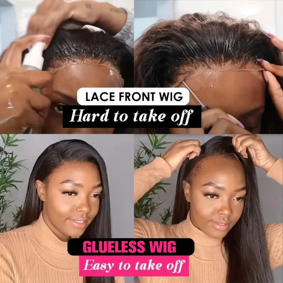 Comparison of lace front and glueless wigs with text indicating ease of removal.