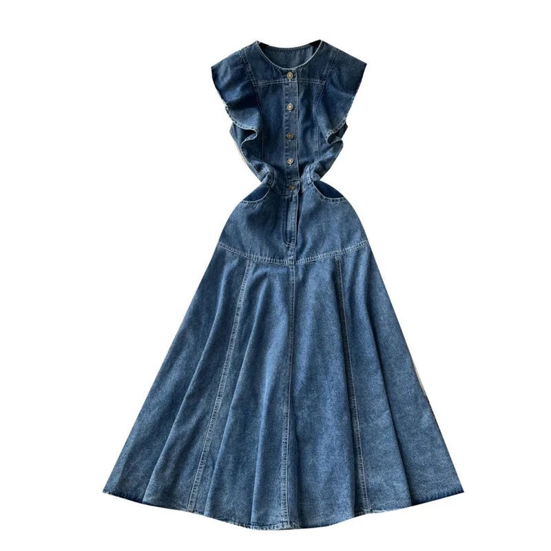 Ruffled Hem Sleeveless Denim Maxi Dress for Women