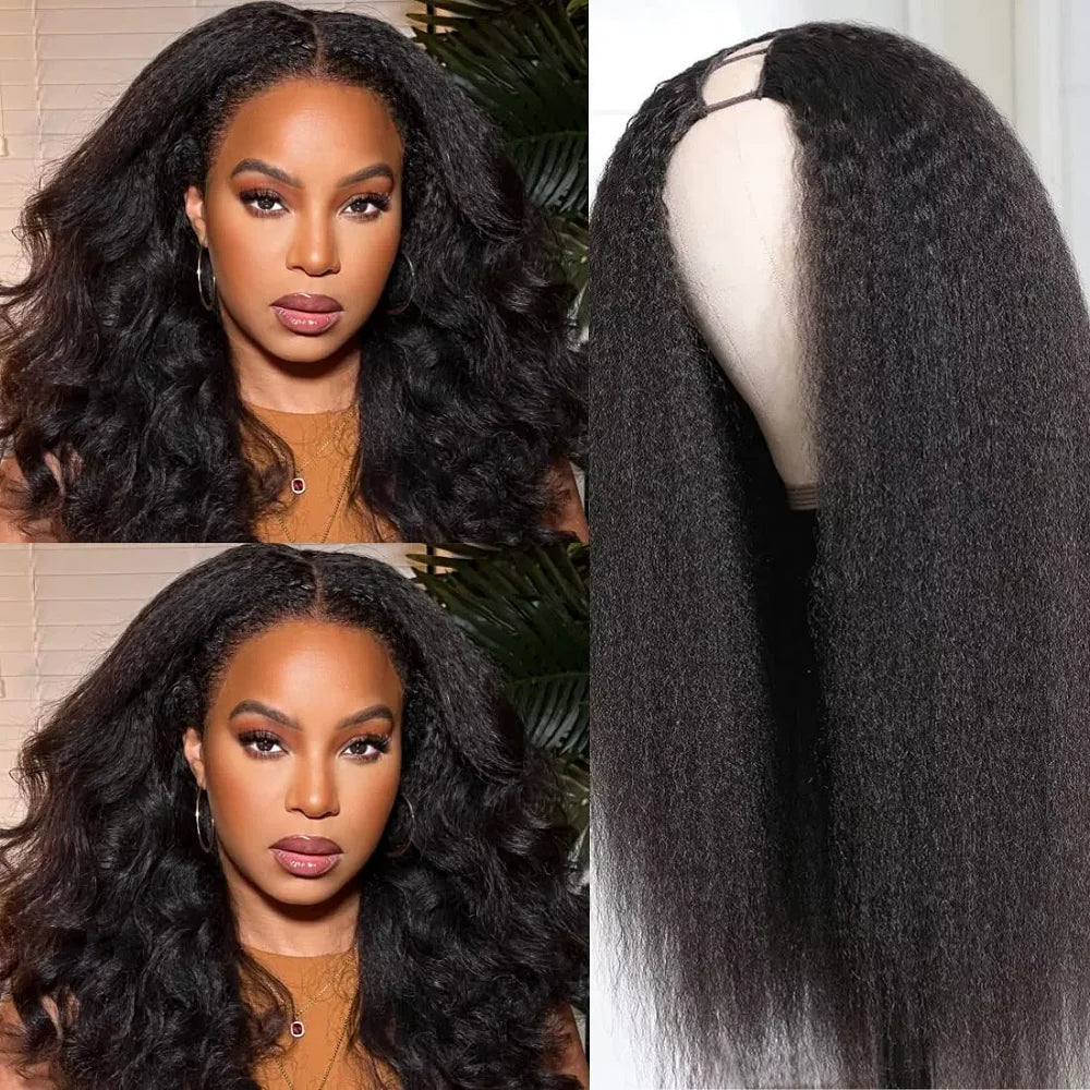 V Part Kinky Straight Human Hair Wig - Glueless Brazilian Half Wig