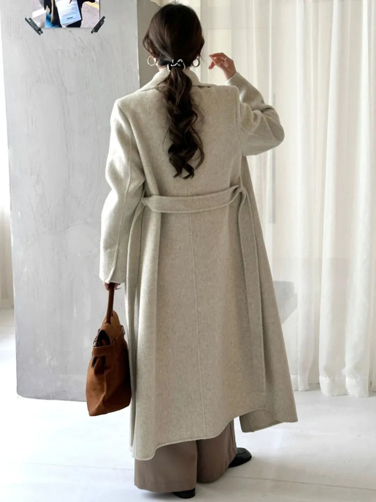 Warm Elegant Womens Long Wool Blend Wrap Coat