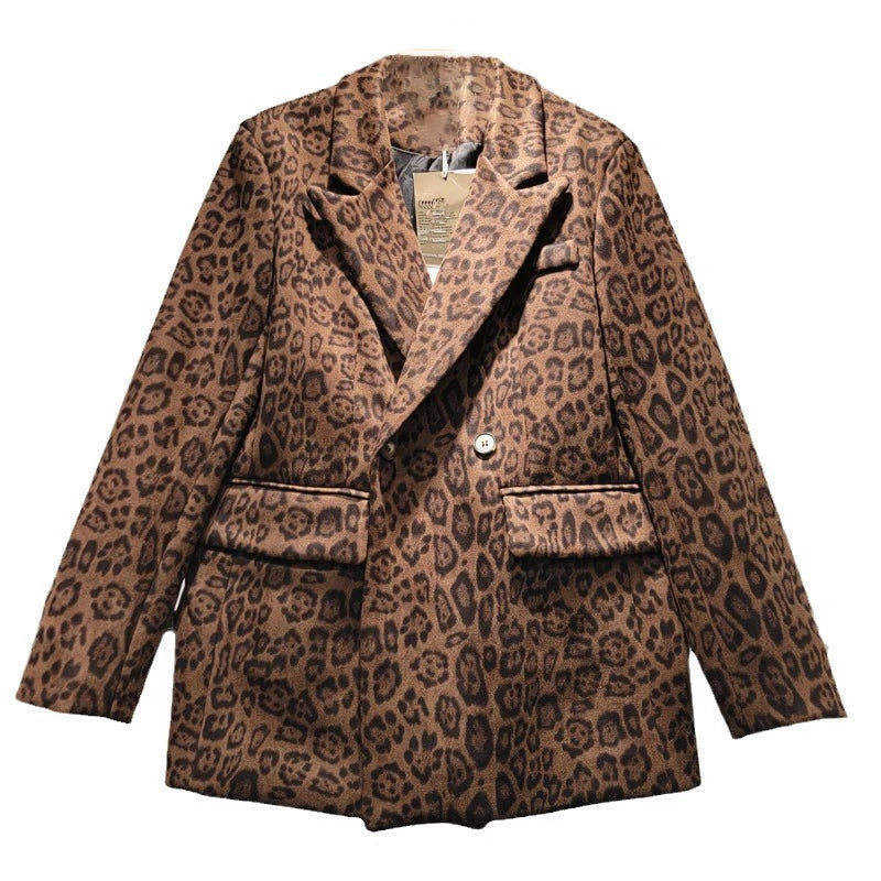 Trendy Women’s Leopard Print Blazer – Loose Fit, Lapel Jacket with Pockets