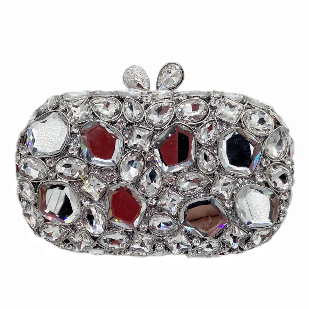 Elegant clutch bag with crystal embellishments.