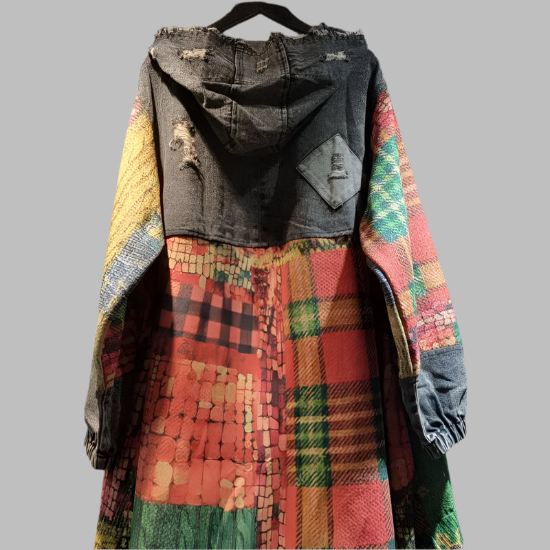 Women’s Plaid Patchwork Denim Coat – Vintage Hooded Style