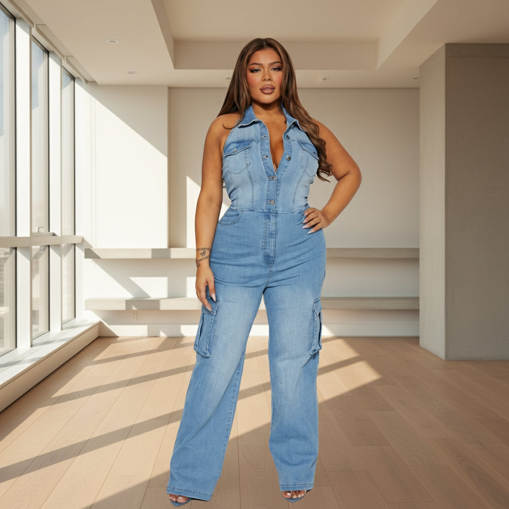 Woman wearing a denim jumpsuit
