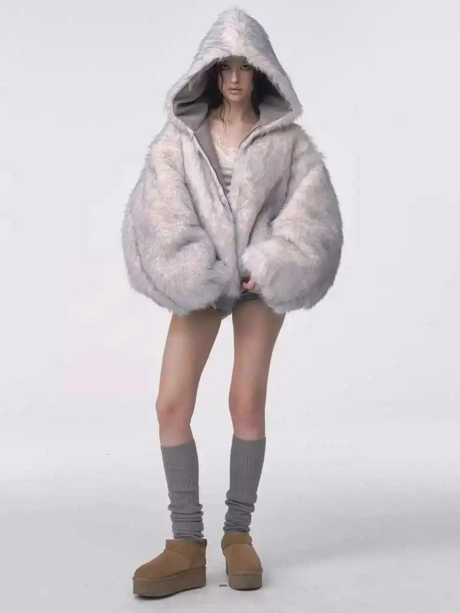 Winter American Retro Fur Coat - Padded Hooded Jacket for Women