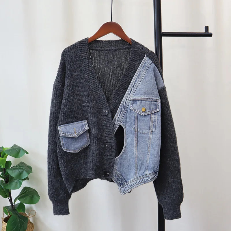 Women’s Patchwork Denim Knitted Cardigan – V-Neck Long Sleeve Sweater