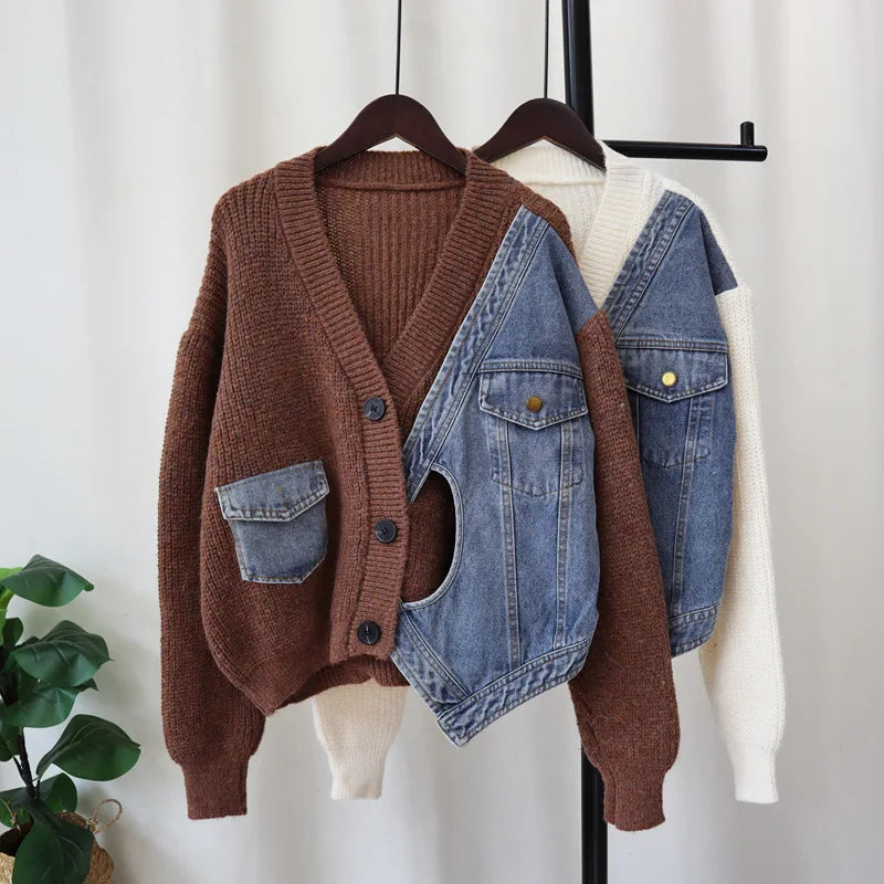 Women’s Patchwork Denim Knitted Cardigan – V-Neck Long Sleeve Sweater