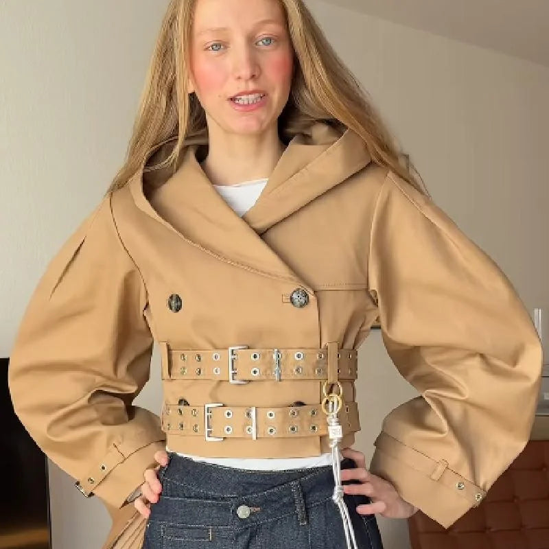 Women's Long Trench Coat - Double Breasted Hooded Punk Jacket with Belt
