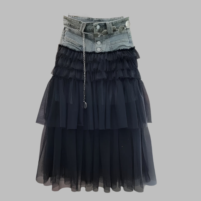 Trendy Spliced Mesh Denim Long Skirt – High Waist Style