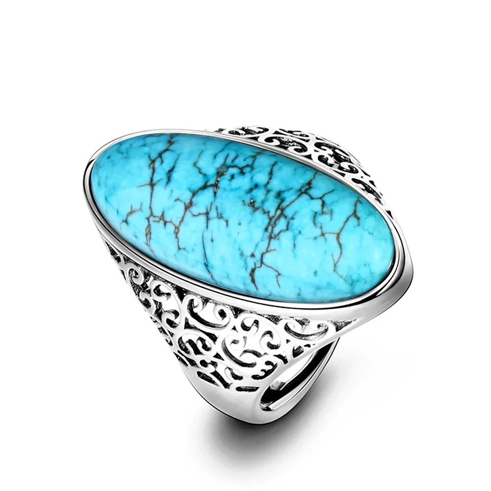 Vintage turquoise hollow design S925 silver ring unisex fine jewelry