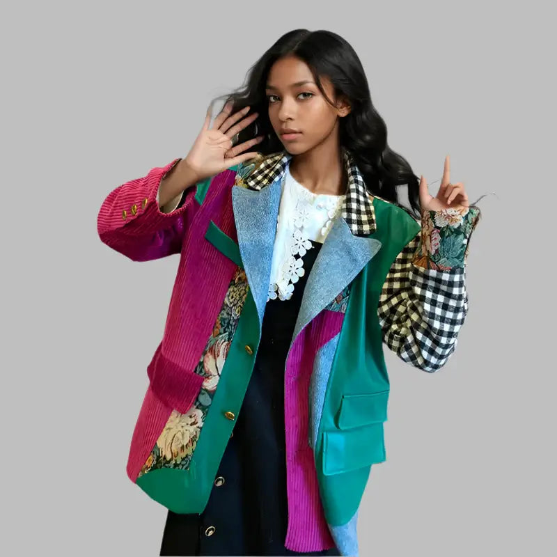 Trendy women's plaid patchwork blazer featuring a mix of fabrics and vibrant colors, perfect for winter fashion.